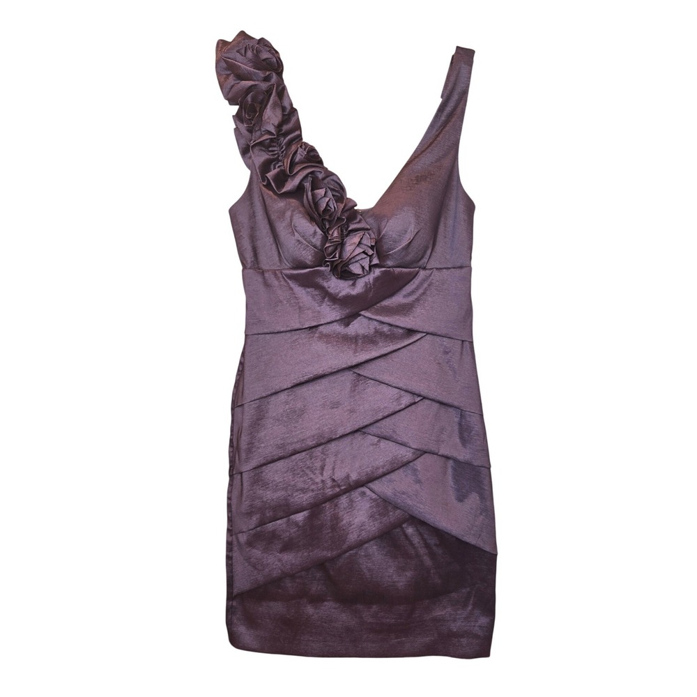 Y2K Xscape Cocktail Mini Dress Purple Satin Rosette Tiered‎ Sleeveless NWT Sz 10